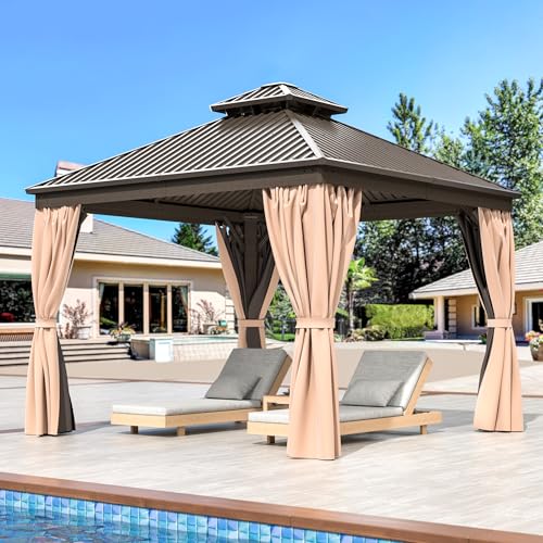 10x10 FT Hardtop Gazebo with Aluminum Frame, Galvanized Steel Double Roof Gazebo with Nettings and Curtains, Permanent Outdoor Metal Pavilion for Patio, Deck, Lawn and Garden