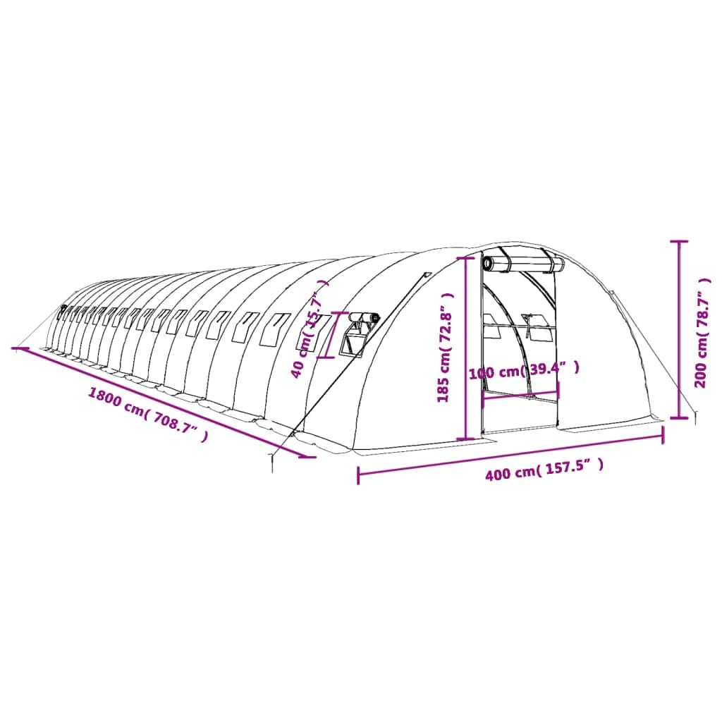 Invernadero con estructura de acero y cubierta de polietileno, 72 m², 18 x 4 x 2 m, túnel de lámina para jardín, casa de cultivo, cobertizo de cultivo, protección contra las heladas y la