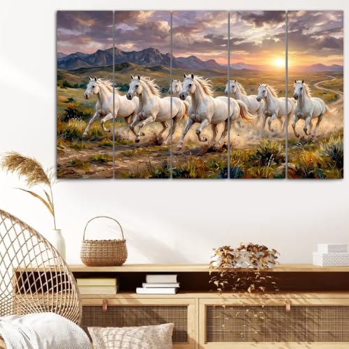 Image of Spacter White Horses Wall Painting for Living Room Big Size - 7 Running Horses Painting Vastu for Bedroom, Office, Hotel - Wall Decor Digital Painting Wooden Framed for Gifting (30x60inch)