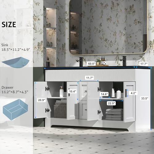 Image of eclife 60 inch Bathroom Vanities Sink Combo with Painted Surface, Modern Drawered Cabinet W /Decorative Wave Lines, Undermount Double Black Sink, Matte Black Faucet Drain, White