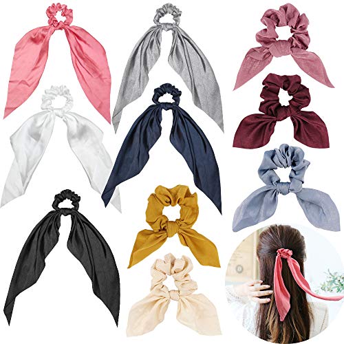 TOBATOBA10 Pcs Satin Scarf Hair Scrunchies Ribbon Bow Scrunchies with Hair Ties Bowknot Ponytail Holder for Women, Including 5 Satin Hair Scarf & 5 Bunny Ear Scrunchies