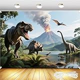 7x5FT Dinosaur Backdrop with 19.68FT Ribbon - Dino Photography Background for Birthday Party, Baby Shower, Photo Booth Props, Durable Vinyl with Brass Grommets
