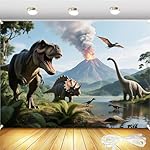 7x5FT Dinosaur Backdrop with 19.68FT Ribbon - Dino Photography Background for Birthday Party, Baby Shower, Photo Booth Props, Durable Vinyl with Brass Grommets