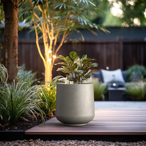 Image of Kante Large Round Curved Weathered Concrete Planter 16.5 inch Dia, Outdoor | Rubber Plug for Indoor, Drainage for Garden, All-Weather Cement Tree Pot, Handcrafted, Anti-Frost & UV, Modern Home Decor