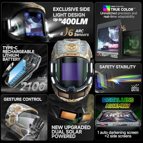 Image of ANDELI Welding Helmet - Panoramic 180 View 3.94 inchX3.74 inch,True Color Auto Darkening Welding Helmet with Light, 4 Arc Sensor, 4 /5-8 /9-13 Type-C Charging (MONERIG-LED)