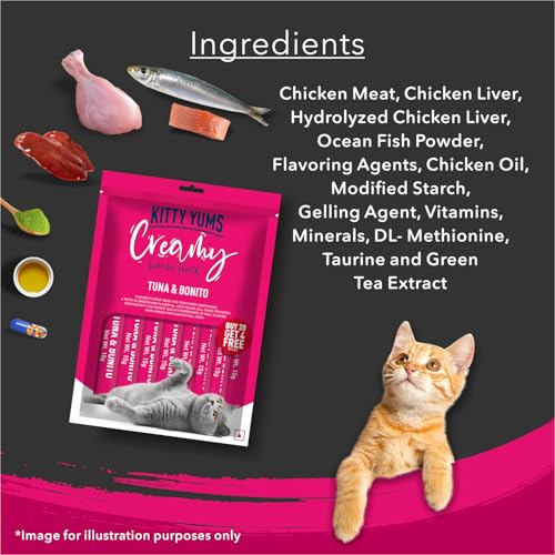 Image of Kitty Yums Kitten & Adult Creamy Lickable Cat Treats Tuna & Bonito 360g (15g x 24 Pieces) | Rich in Protein | Taurine for Heart & Vision | Ideal for Training and Bonding | Promotes Hydration