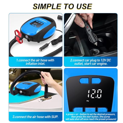 Image of Paddle Board Pump Electric Portable, KOSMEGAL SUP Pump for Paddleboard, Professional 20PSI Air Compressor with Auto-Off, Deflation Function and 12V DC Car Connector for Inflatables, Kayaks and Boats