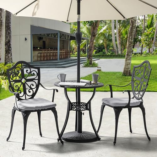 Image of NUU GARDEN Outdoor 3-Piece Bistro Set with Cushions, Round 24 Inch Cast Aluminum Bistro Table with 2.17 inch Umbrella Hole, 2 Cast Aluminum Bistro Chairs, for Patio, Garden, Backyard and Balcony, Black