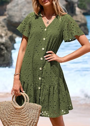 Image of KIRUNDO Eyelet Dresses for Women Button Down Mini Babydoll | 2026 Summer Short Sleeve Boho Sundress, Loose Fit V Neck Short Dress With Pockets, A Line, Cruise Beach Vacation Outfits