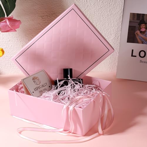 XWCHASA Geschenkbox mit Deckel 25 x 18 x 9 cm, Geschenkbox mit Schleifen, Grußkarten, Raffia Hamper Shreds für Hochzeit Geburtstag Weihnachten(Rosa)