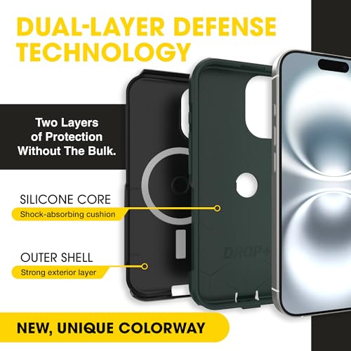 Image of OtterBox iPhone 16 (Only) - Commuter Series Case - Built-in MagSafe - Thin, Dual-Layer, Pocket-Friendly, Port Cover - Forest Night (Black /Green)