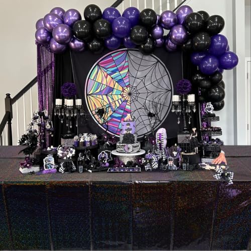 Image of 6 Pack Iridescent Black Plastic Tablecloths, Shiny Disposable Laser Rectangle Table Covers, Holographic Foil Tablecloth for Halloween Birthday Space Graduation Black Themed Party, 54x108Inch