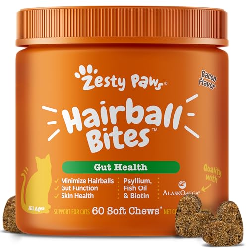 Zesty Paws Hairball Bites for Cats - Cat Furball Support - Functional Supplement with Omega 3 Fish Oil EPA & DHA + Zinc Biotin & Psyllium Husk - Supports Gut & Skin Health - 60 Count