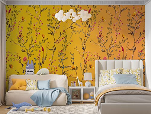 Botanical Flower Garden with Yellow Orange Background Wall Mural. Blossom Flower Decor. Peel and Stick Wallpaper. #6355 (9ft Tall X 16ft Wide)