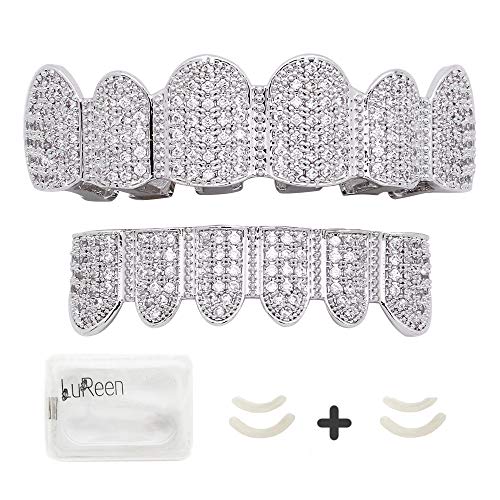 LuReen 18K Teeth Gold Grillz Pave CZ Top Bottom Grillz for Men Women Micro Pave Lab Simulated Diamonds Grillz+ 2 Extra Molding Bars