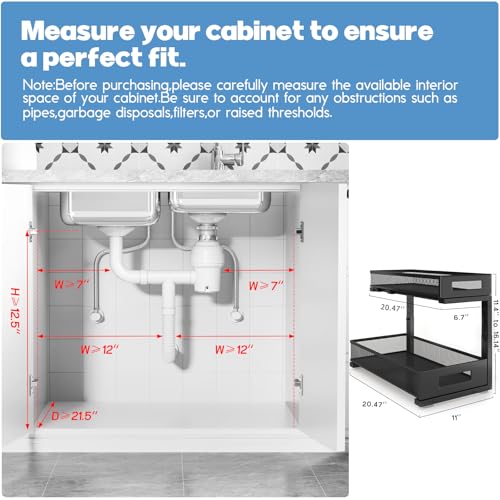 Image of 1 Pack 20.47IN Depth Under Sink Storage Organizer, Large 2-Tier Elegant Mesh Pull Out Shelf for Kitchen and Bathroom Cabinet Organization, L-Shaped and Adjustable Height Design-Black