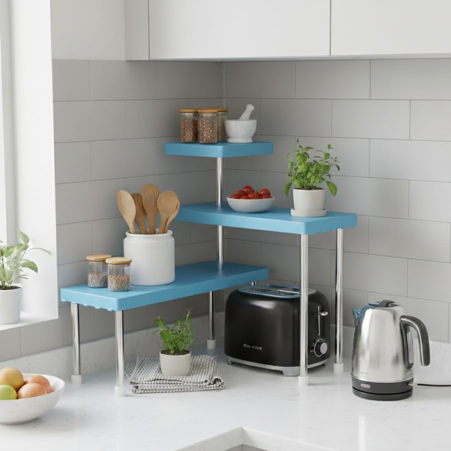 Image of U-Max 3-Tier Multipurpose Corner Kitchen Rack, 3 tier kitchen shelf, Space Saving Countertop Shelf Organizer for Spice Jars, Containers, Cups & Cooking Essentials (Blue)