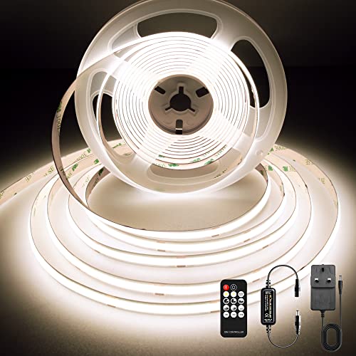 Dotless LED Strip Lights 5m, 480 LEDs/m High Bright COB LED Strip with Remote and Power Supply, DC24V, CRI92, 8mm Width, 24V LED Tape for Kitchen Under Counter Lighting, Natural White 4000K