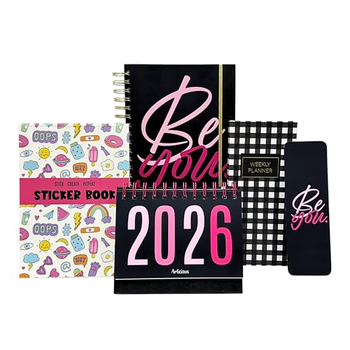 Image of Planner Kit, Planner Set Includes A5 Journal (22x17cm) 262 Pages, 120 GSM, Weekly Planner, Desk Calendar 2026, Stickers Book and Bookmark (The Bold Edition)