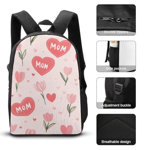Mom Love Hearts Tulips Flowers Classic Backpack Lunch Bag Pencil Case 3 Piece Set Travel Daypack3