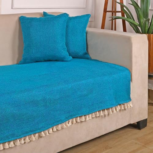 Image of STITCHNEST Jute Sofa Cover - Blue, 70x30 Inch | Soft Textured Fabric with Tassel| Sofa for Living Room Decor
