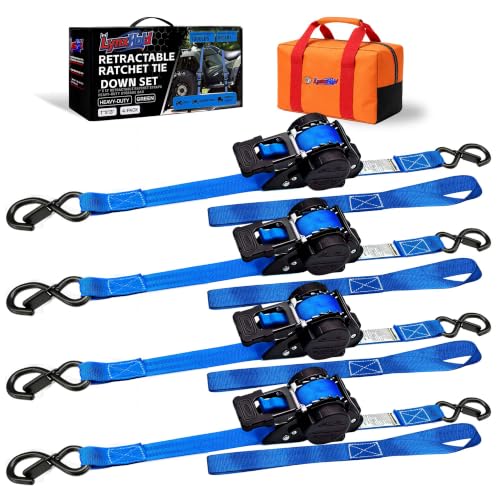 Image of Retractable Ratchet Straps 1 inch x 13 Ft, Bolt-On, 1,800 Lbs, Blue, 4 Pack