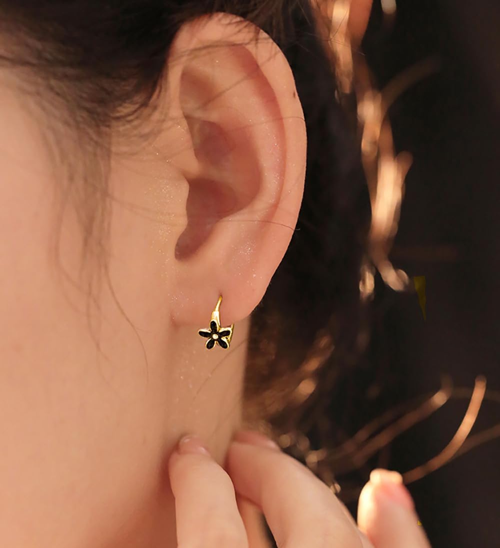Reffeer Solid 925 Sterling Silver Daisy Flower Hoop Earrings Huggie for Women Teens Black Flower Hoop Earrings Cartilage Helix Earrings - Image 2