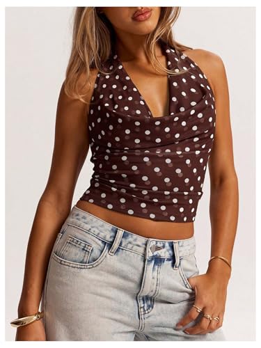 MakeMeChic Women's Polka Dots Halter Top Crop Draped Cowl Neck Sleeveless Y2K Going Out Top2