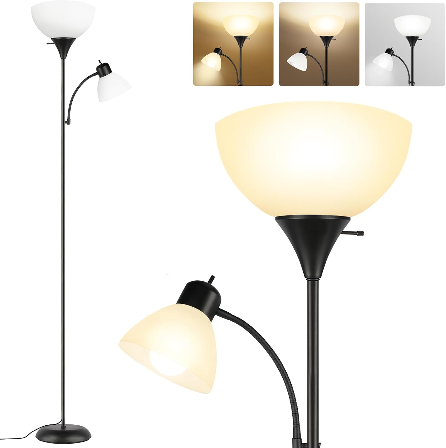 OUTON Floor Lamps, 2 x 9W LED Bulbs with 3 Color Temperatures Standing Lamps, Tall Torchiere