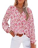 Tomwell Chemisier Femme Col V Floral Imprimé Blouse Élégant Haut Manches Longues Tunique Ample Fluide Mousseline de Soie Vintage T-Shirt Femme Tops Décontracté Sweat A2 Rouge XL