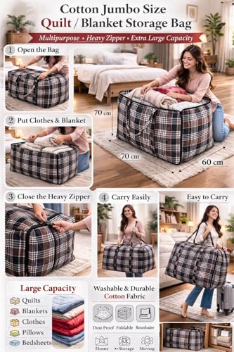 Image of HOUSE FOX Jumbo XXXL Cotton 142 Litre Underbed Storage Bag for Double Blanket | Quilt | Clothes | Traveling Storage Bag Heavy Zipper & Strong Handle MultiPurpose Size -70x60x34 Cm (Grey, 1 Pc)