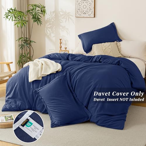 Image of MILDLY Duvet Cover Queen Ultra Soft Comforter Cover Set 3pcs, Navy Blue | Washed Microfiber Cotton-Like, Breathable Comfort, Hidden Zipper, Corner Ties, OEKO-TEX Certified, Fade Resistant