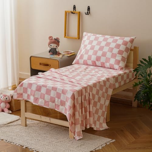 Image of Luxlovery Toddler Comforter Set Checkered Plaid Pink White Kids Boho Bedding Set Bed Set for Dorm 4 Pieces (1 Comforter, 1 Flat Sheet, 1 Fitted Sheet, 1 Pillowcase)