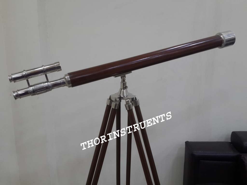 Collectible Nautical Chrome Finish Double Barrel Wooden Telescope Tripod Stand Rustic Vintage Home Decor Gifts