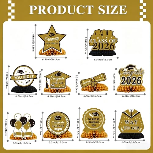 Image of Graduation Decorations 2026, 10PCS Graduation Centerpieces for Table, Black Gold Graduation Party Decorations Class of 2026 Congrats Grad Honeycomb Centerpieces Table Decor Graduation Party Supplies
