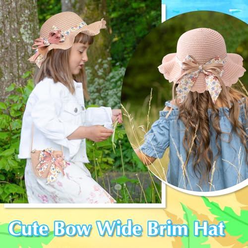 Kids Girl Summer Straw Hat Bag Set Cute Bow Sun Cap Girl Foldable Wide Brim Hat Sun Protection Floppy Beach Cap4