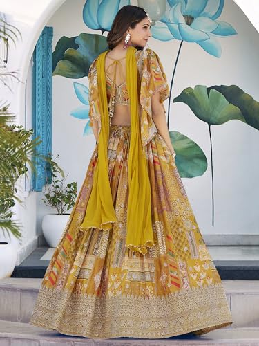 Image of Women's Digital Print With Zari Dori Embroidery Work Chinnon Silk Lehenga Choli With Dupatta (Women-Lehenga-Choli-New; Free size)