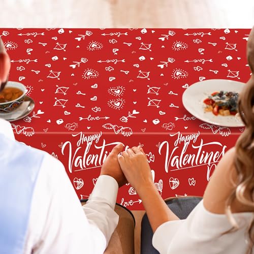 Image of QZYL 2 PCS Valentines Decorations, Disposable 108 inch X 54 inch Valentines Tablecloths, Plastic Romantic Red Love Heart Tablecloths, Rectangle Love Table Covers, Valentine's Decorations for Memorable Tables