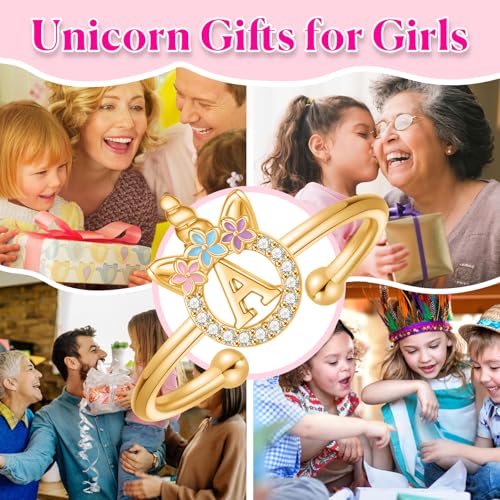 Unicorn Rings Gifts for Girls Daughter - Adjustable Initial Ring Dainty Cute Unicorn Rings for Girl Teens Little Girls Jewelry Birthday Gift3