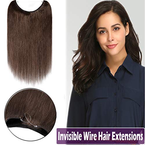 16"-22" Human Hair Hidden Wire Extensions Secret Hair Extensions Fish Line Long Straight No Clips No Glue Hairpieces Invisible Fish Line in 20" 70g #4 Medium Brown