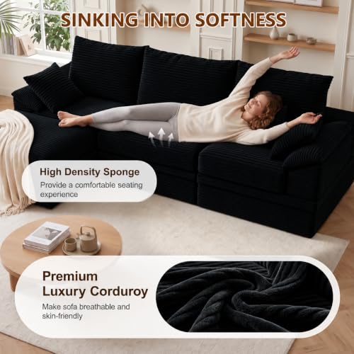 107" Modular Sectional Sofa Boneless Couch with Storage,L-Shape 3 Seat Comfy Modern Cloud Couch Sofa with Ottoman, 27" Deep Seat Corduroy Sofa for Living Room, Tool-Free Assembly - Black - image 5