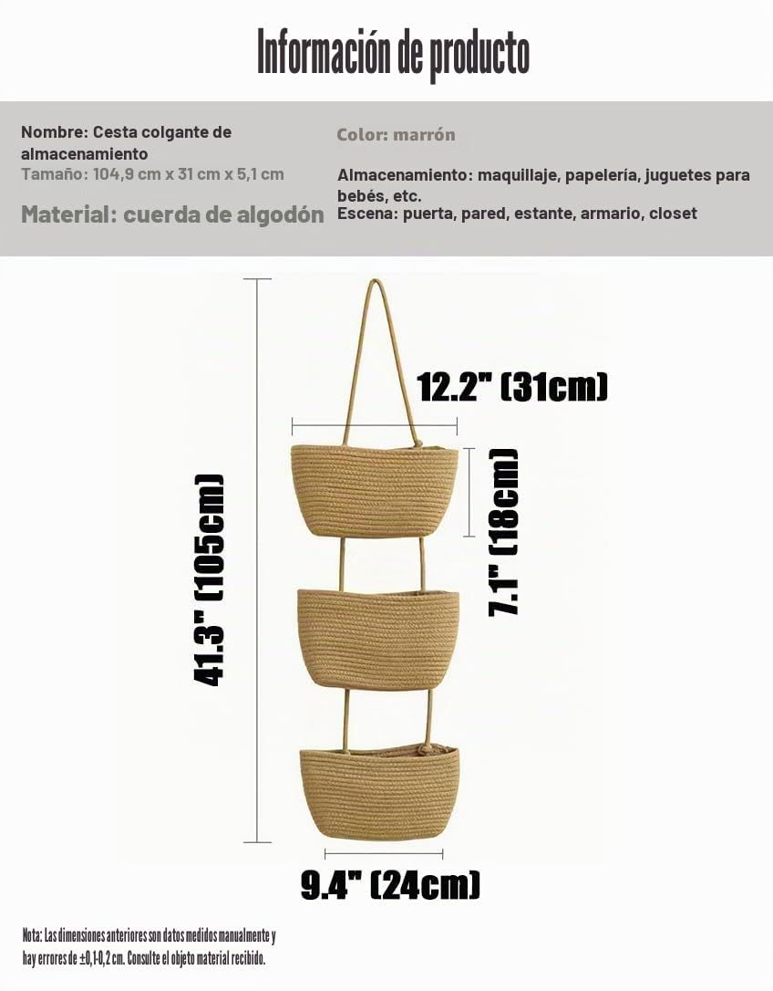 AARAINBOW Cestas de algodón para colgar en la pared, cestas decorativas grandes de 3 niveles para pared, guardería, baño (B-marrón)