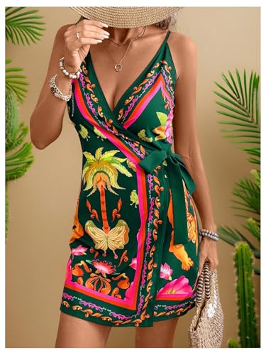 Women's Tropical Print Cami Dress Sleeveless Wrap V Neck Tie Knot Boho Short Dresses3