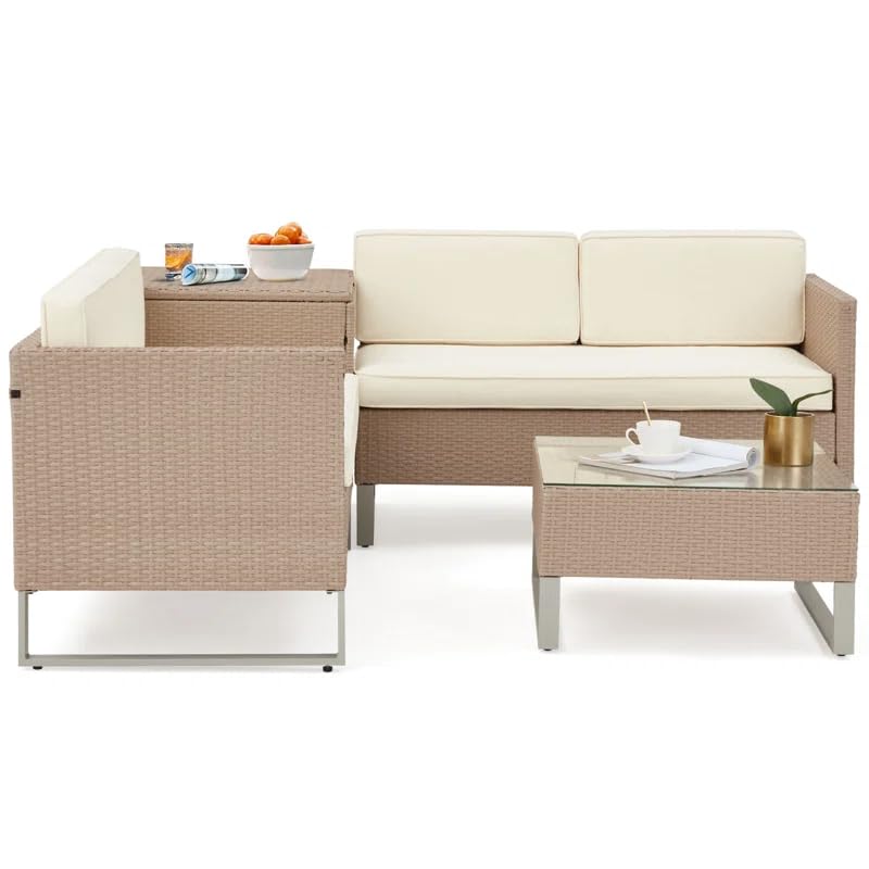 Image of DEVOKO 4 Piece Patio Furniture Set All-Weather Outdoor HDPE Rattan Sectional Sofa with Table & Cushions for Patio, Deck, Garden, Poolside, Yard (Beige and Cream)