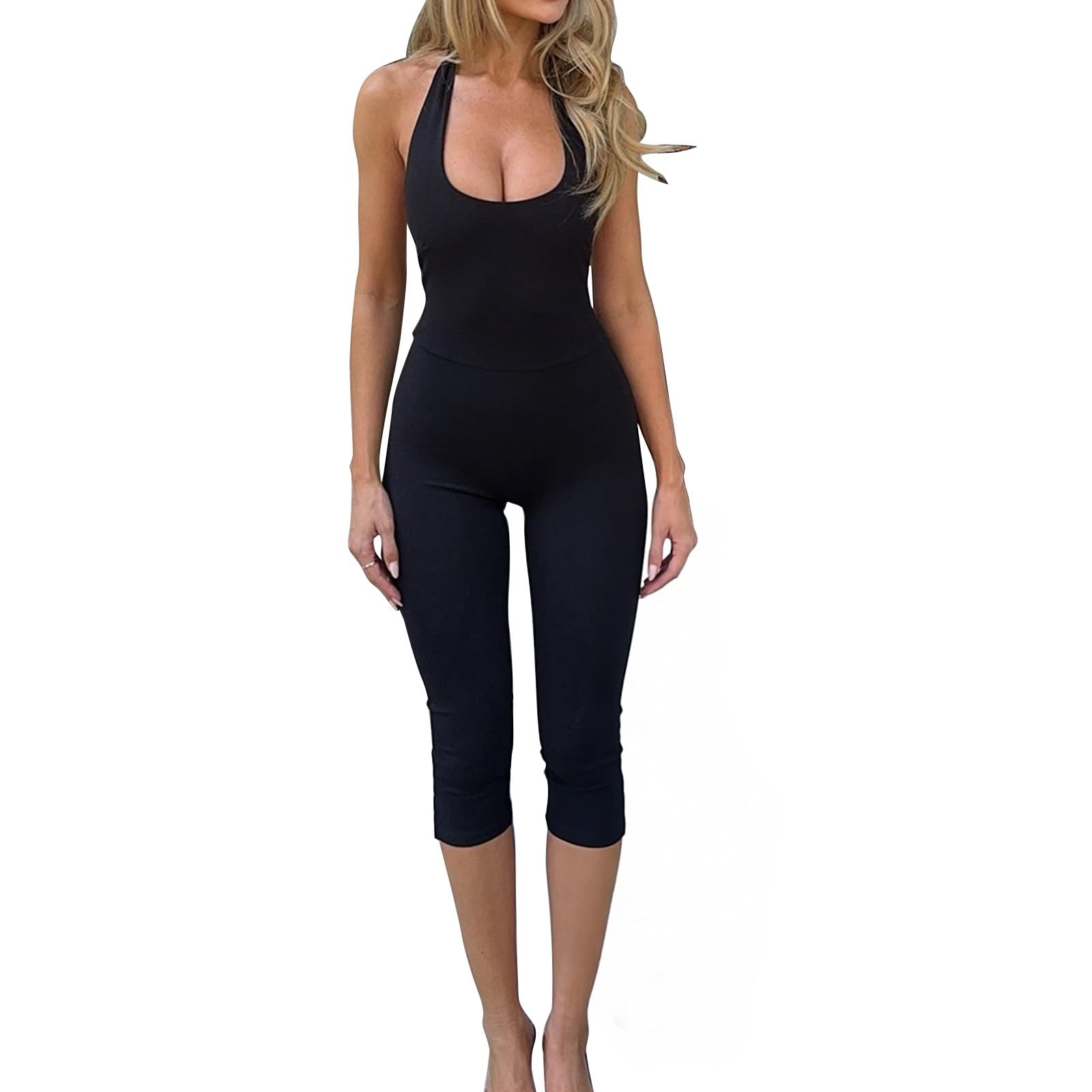 Tuta da donna estiva, aderente, 46085, allacciatura al collo, tutina da yoga | Body intero aderente, senza maniche, spalle scoperte, elasticizzato, leggero, per yoga, allenamento, fitness