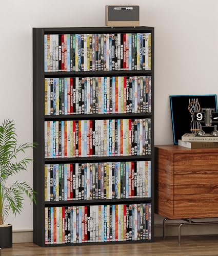 VPSMAT DVD Storage Cabinet Shelf 5 Tier Media Storage Tower for CDs & Video Games Freestanding Organizer Shelf for Living Room Home Office Holds 200+ DVDs(Black)