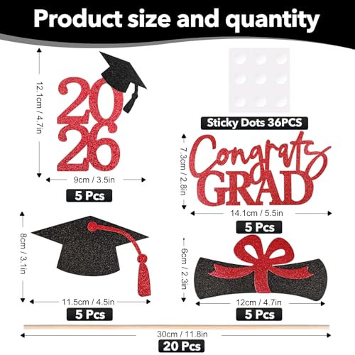 Image of 20 PCS Graduation Decorations Class of 2026, Black and Red Double-Sided Centerpieces, Grad Cap Sticks, Table Toppers, Graduation Party Decorations