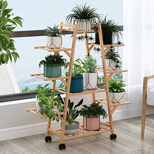 HMAKGG Support de Fleurs en Bambou, Porte Plante Interieur avec Roulettes, Étagère à Plantes Escalier pour Maison Balcon Jardin, 86 x 23 x 100 cm
