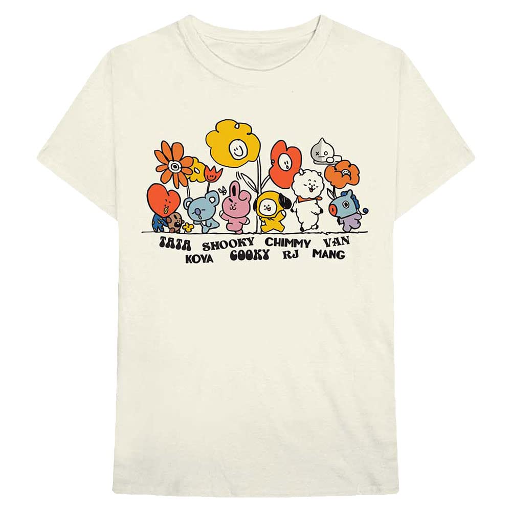 BT21 BTS Kpop Unisex Cotton Crew Neck Short Sleeves Tee Shirt (Hippie Flowers Natural, Medium)