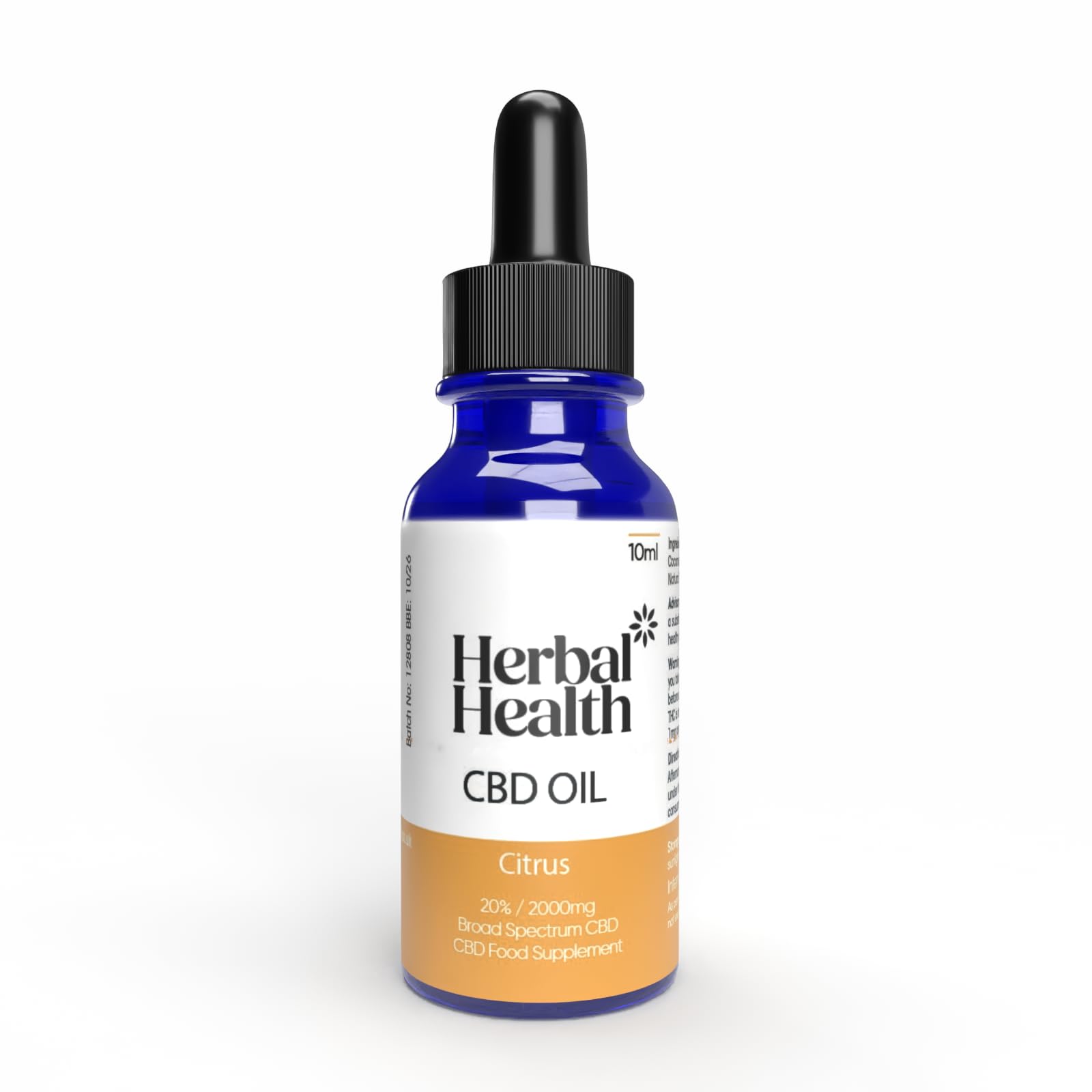 Herbal Health CBD Oil Drops 2000mg 10ml – Citrus Broad Spectrum 20% CBD Oil for Sleep & Anxiety Relief for Adults, THC-Free, Ideal for CBD Drinks